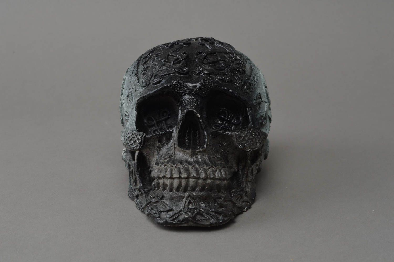 Celtic skull made of stucco black handmade unusual stylish table decor photo 3