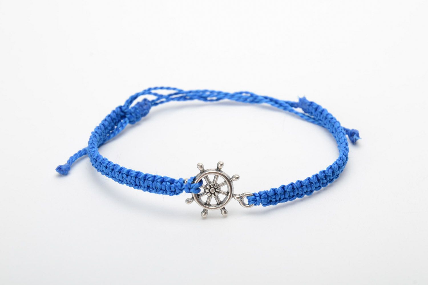 Handmade blue macrame woven thread bracelet with metal anchor charm photo 5