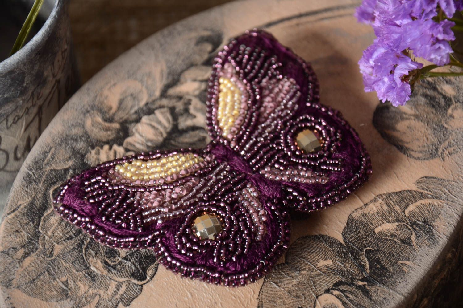 Handmade butterfly brooch unusual feminine brooch stylish beaded accessory photo 1