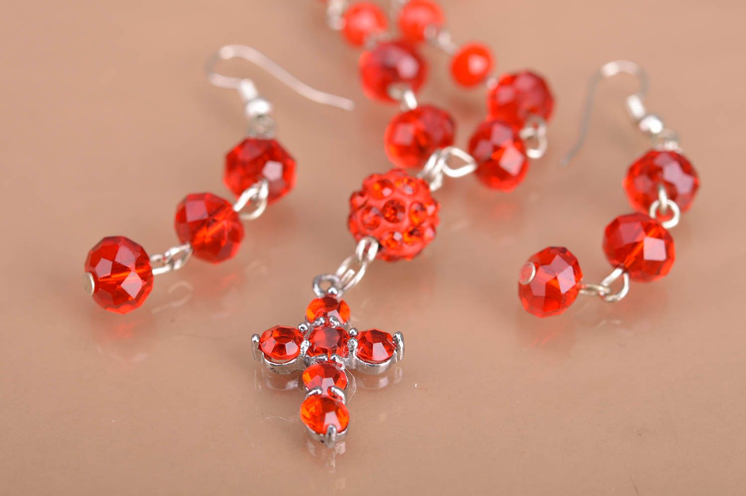 Handmade red beaded jewelry set cross pendant necklace and dangling earrings photo 5