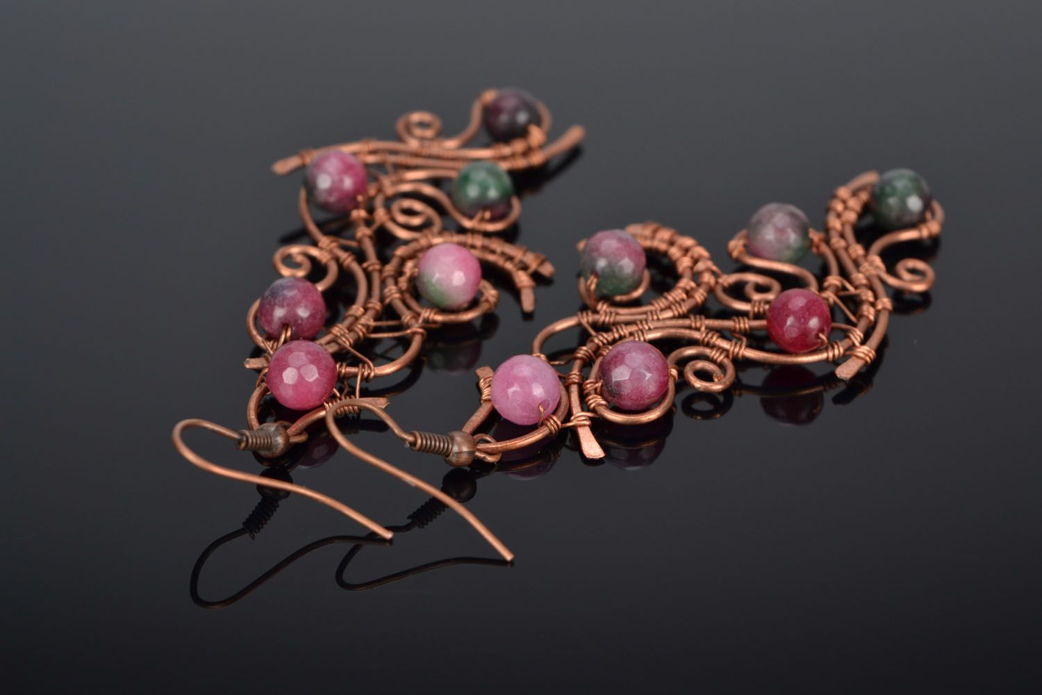 Copper earrings with tourmaline stone photo 1
