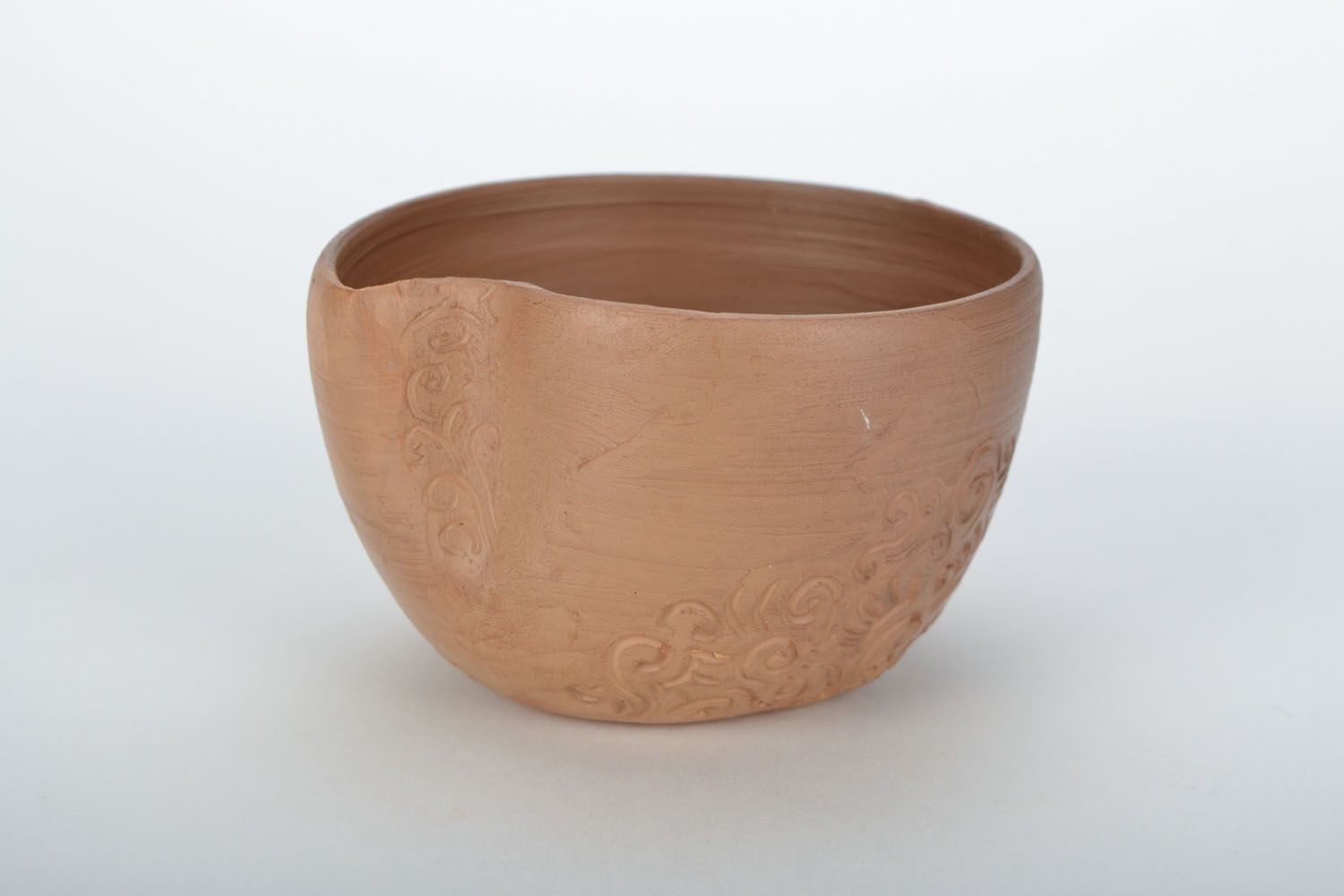 Clay not glazed cup for left-handed people with rustic decor photo 3