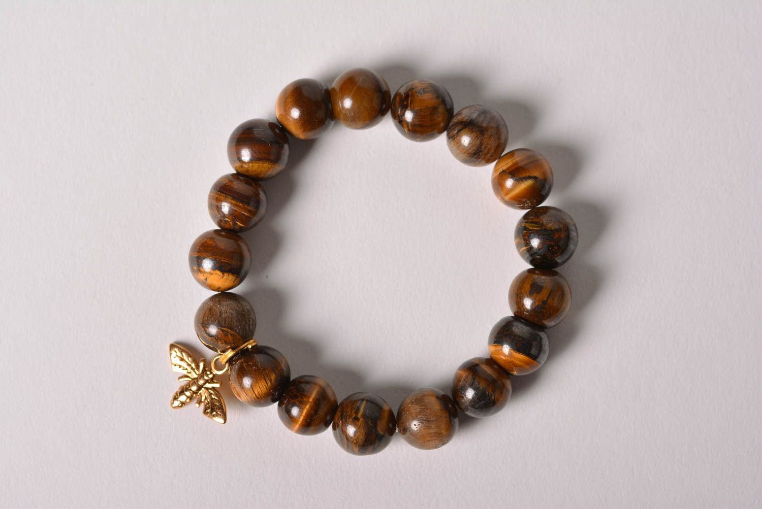 Handmade brown tiger's eye stone beaded wrist bracelet with charm for women photo 3
