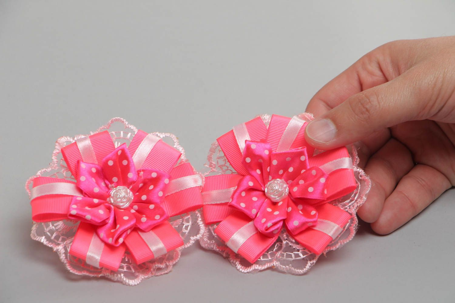 Handmade set of scrunchies made of satin ribbons Flowers 2 pieces hair accessories photo 5