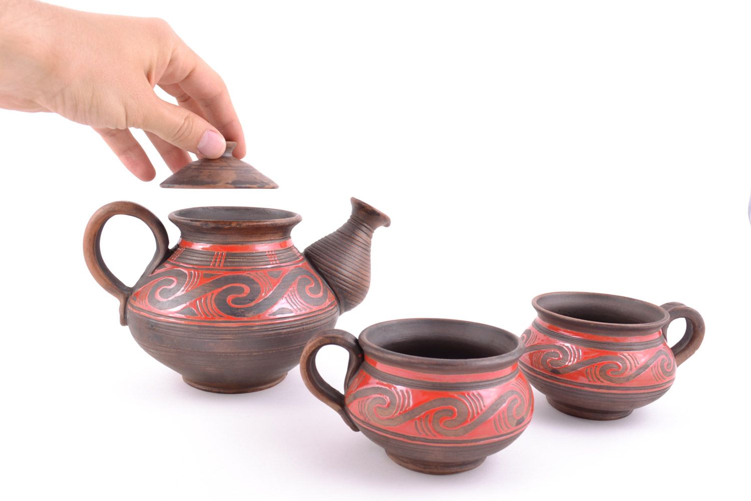Чайный сервиз ручная роспись 3 шт чайник и две чашки глиняные ручная работа фото 5