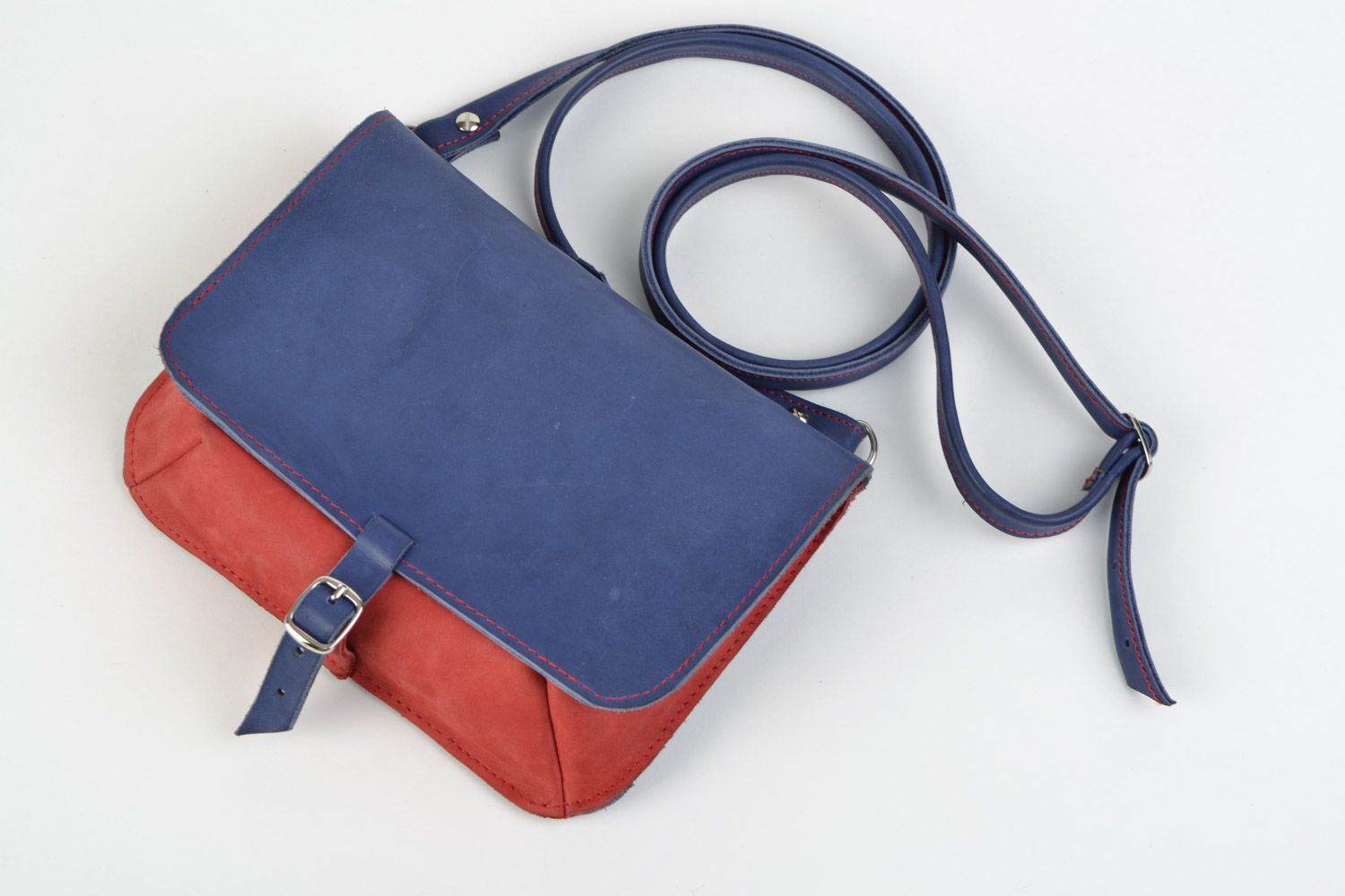 Handmade genuine leather clutch bag in blue and red colors with long handle  photo 3