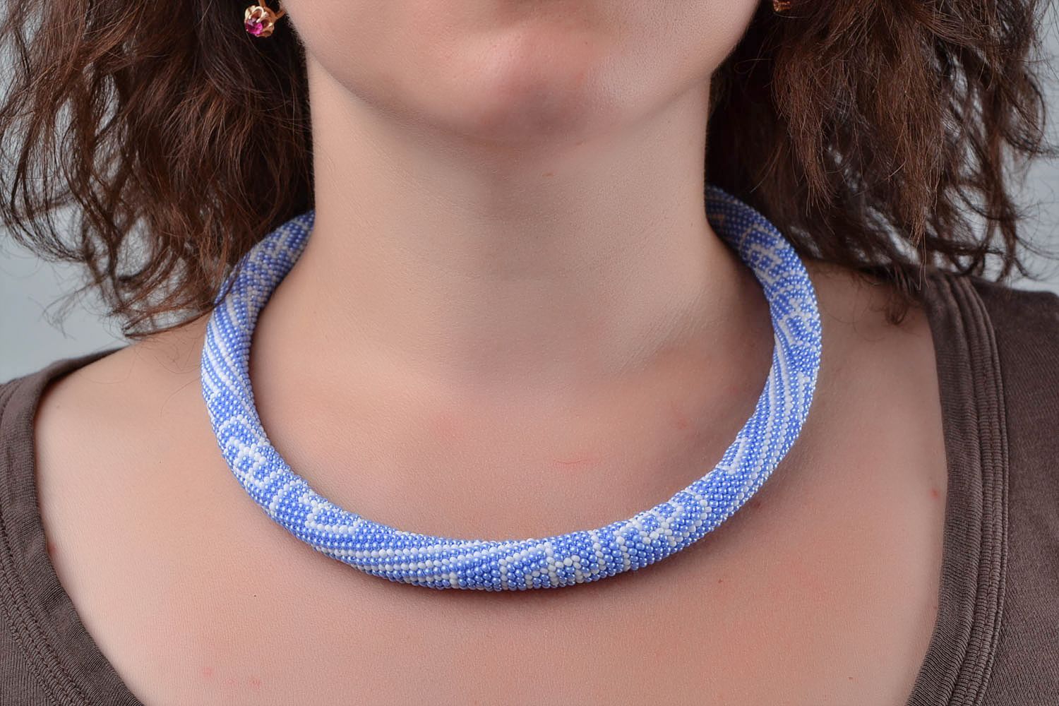 Handmade woven blue beautiful stylish beaded cord necklace with white ornaments photo 2