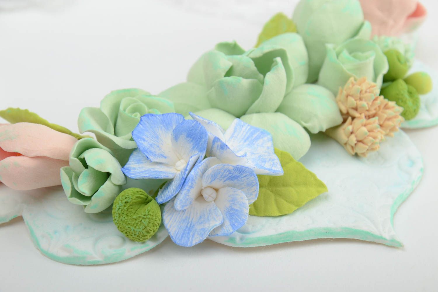Volume handmade polymer clay floral necklace on ribbon in pastel color palette photo 4