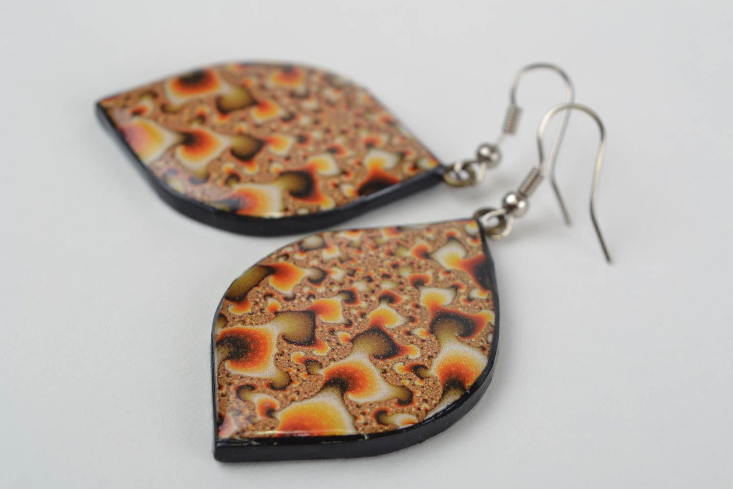 Beautiful handmade designer polymer clay earrings with decoupage Brown Leaves photo 5