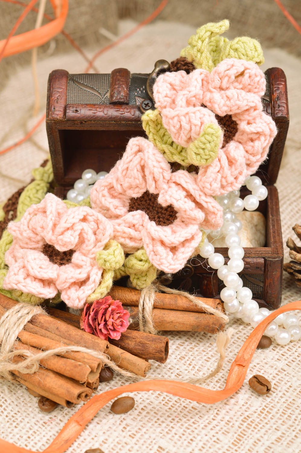 Zartes schönes Damen Häkel Haarband handmade mit rosa Blumen foto 1