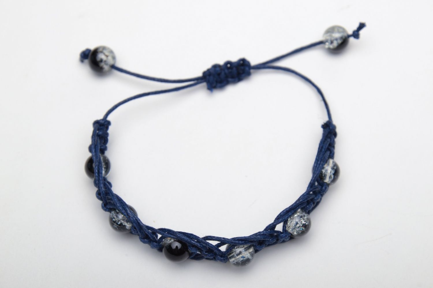 Bracelet en verre et cordelette bleue tressée réglable fait main pour femme  photo 3