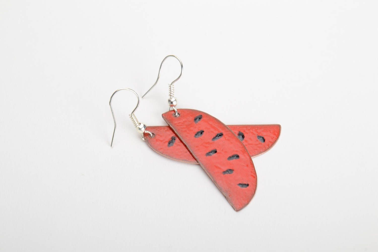 Copper earrings with hot enamel-painting red with black stylish accessory photo 4