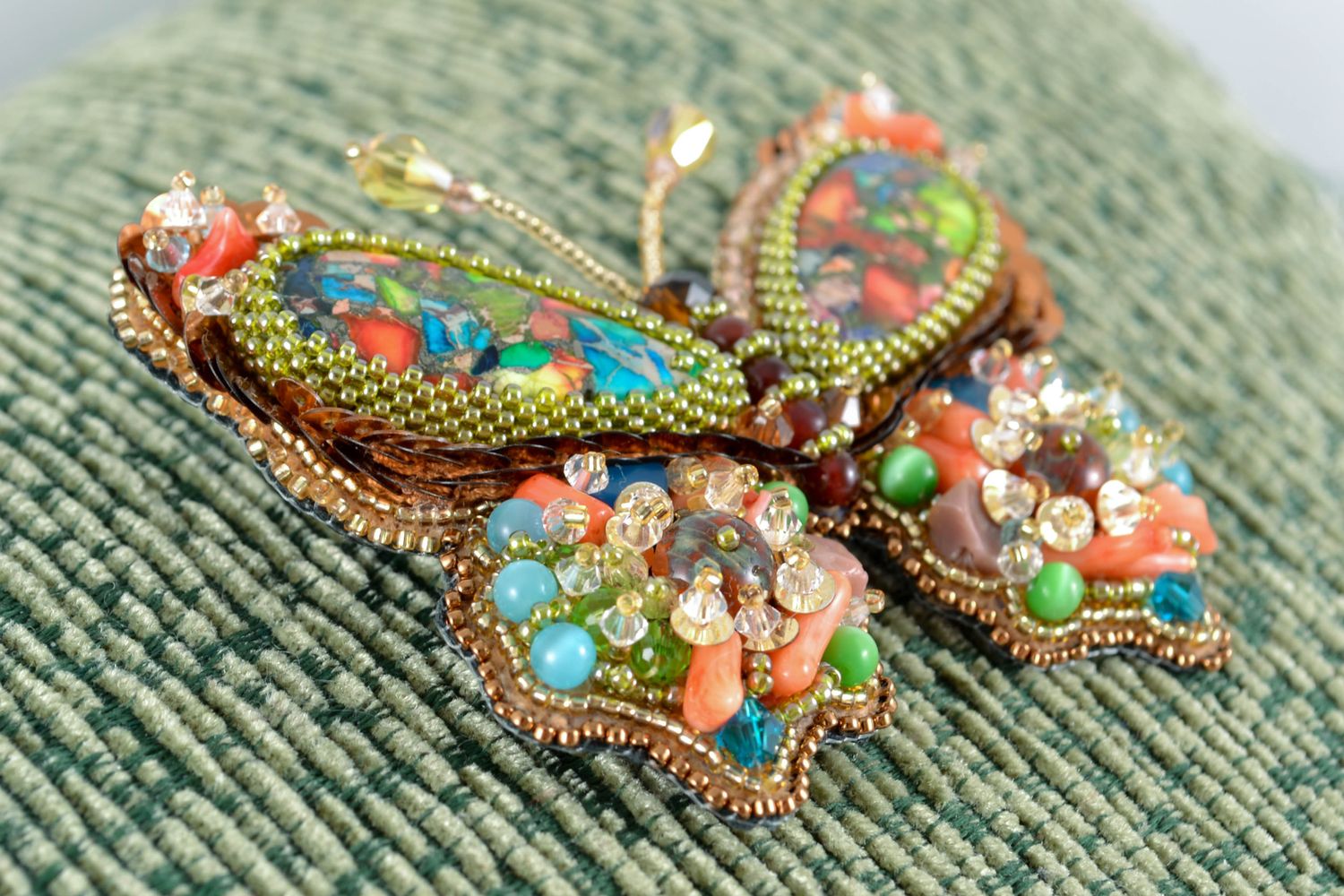 Handmade brooch embroidered with beads and natural stones photo 1