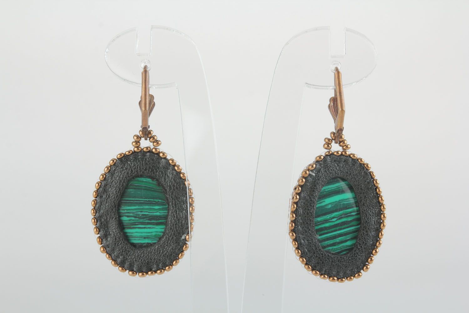 Earrings made of leather and malachite photo 2