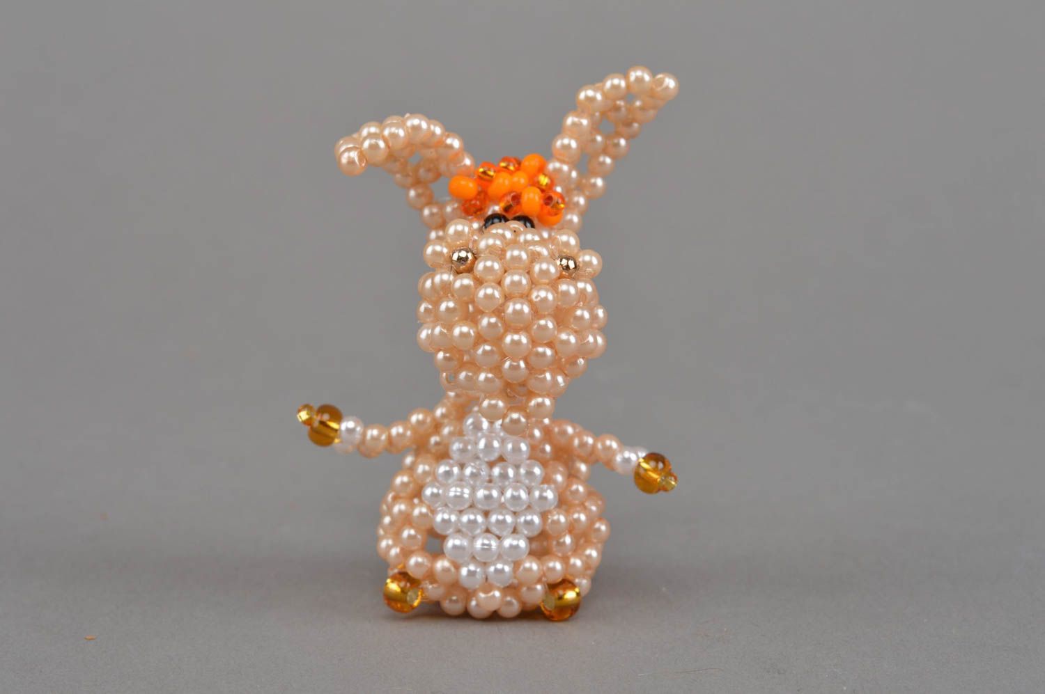 Small handmade woven bead statuette of beige donkey for home interior decor photo 4