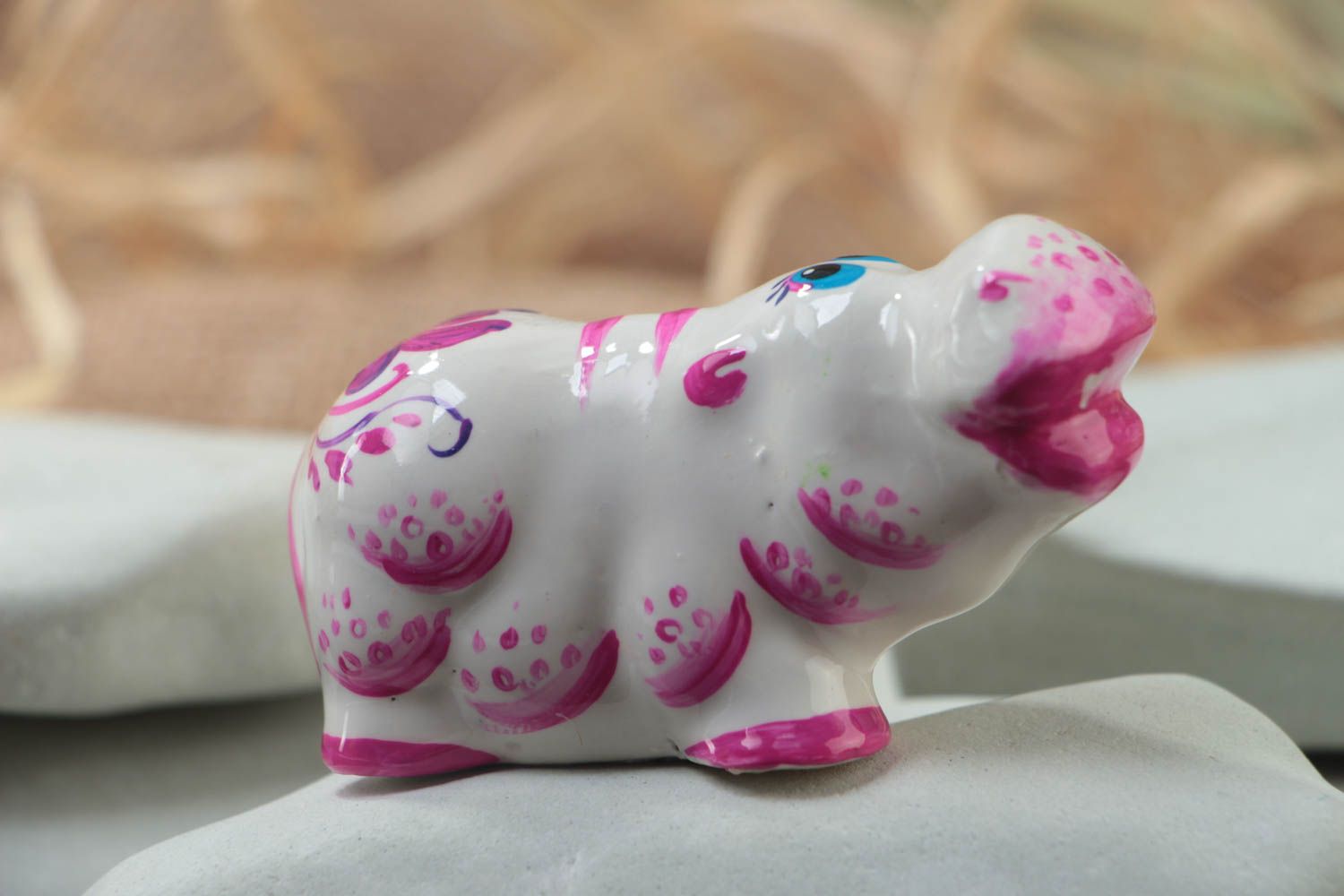 Unusual beautiful handmade plaster statuette of hippo white and pink photo 1
