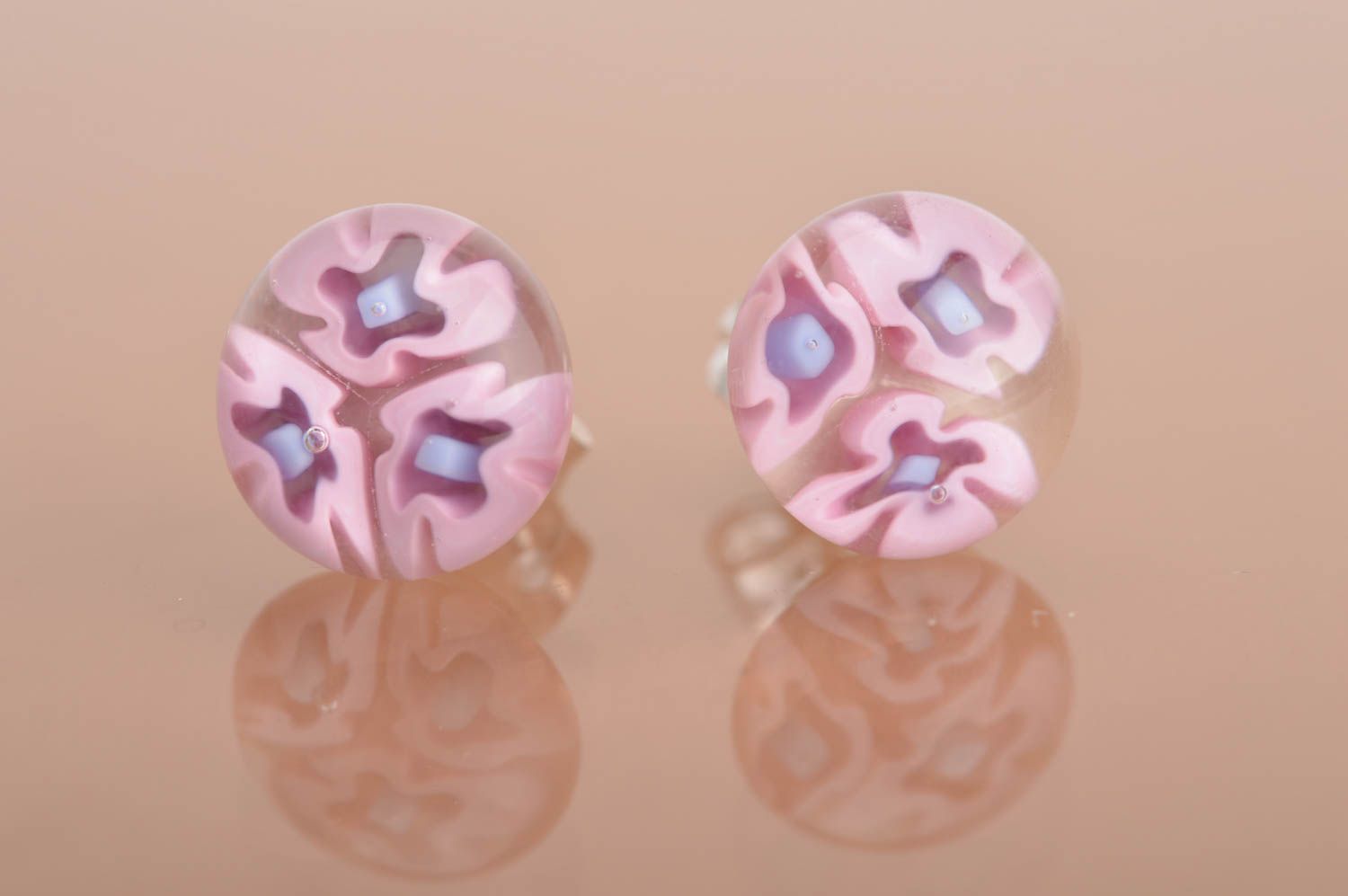 Beautiful lilac handmade millefiori glass stud earrings with silver ear wires photo 2