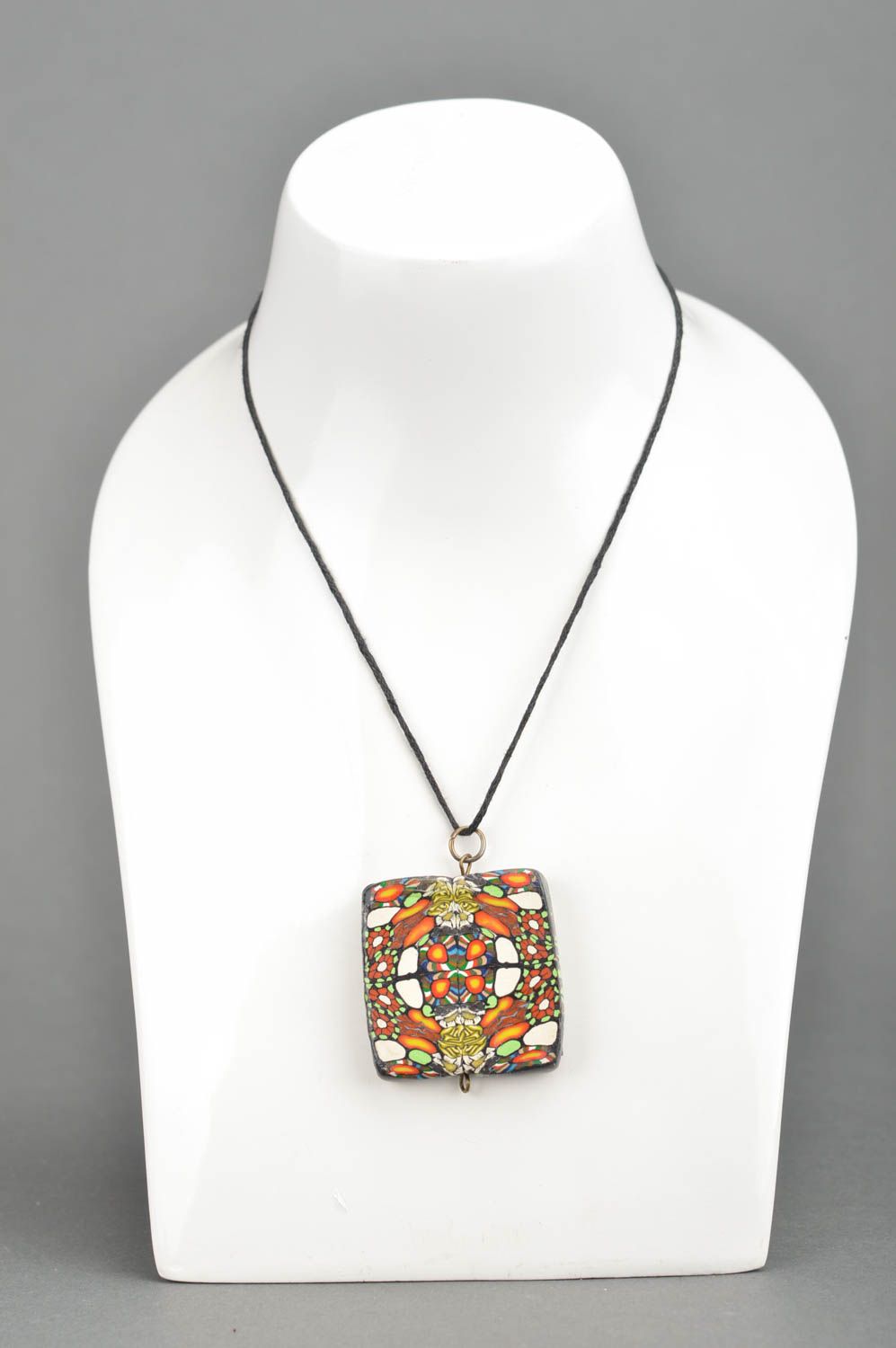 Designer multicolored square-shaped pendant on long cord handmade accessory photo 2