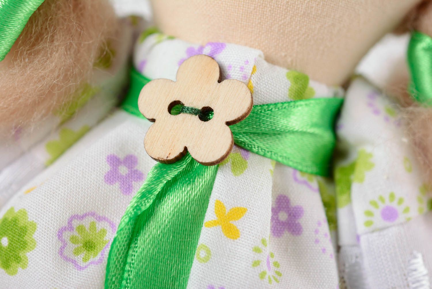 Handmade cotton fabric soft doll girl in floral dress with green ribbons photo 4
