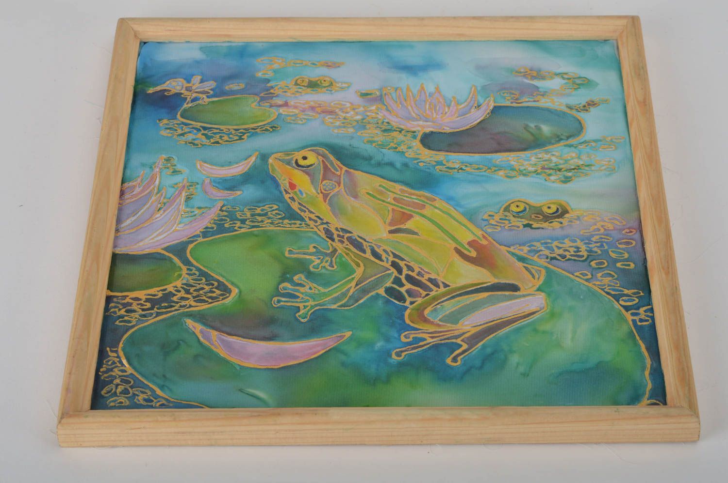 Handmade cold batik painting on fabric in frame Frog on Bog designer picture photo 1