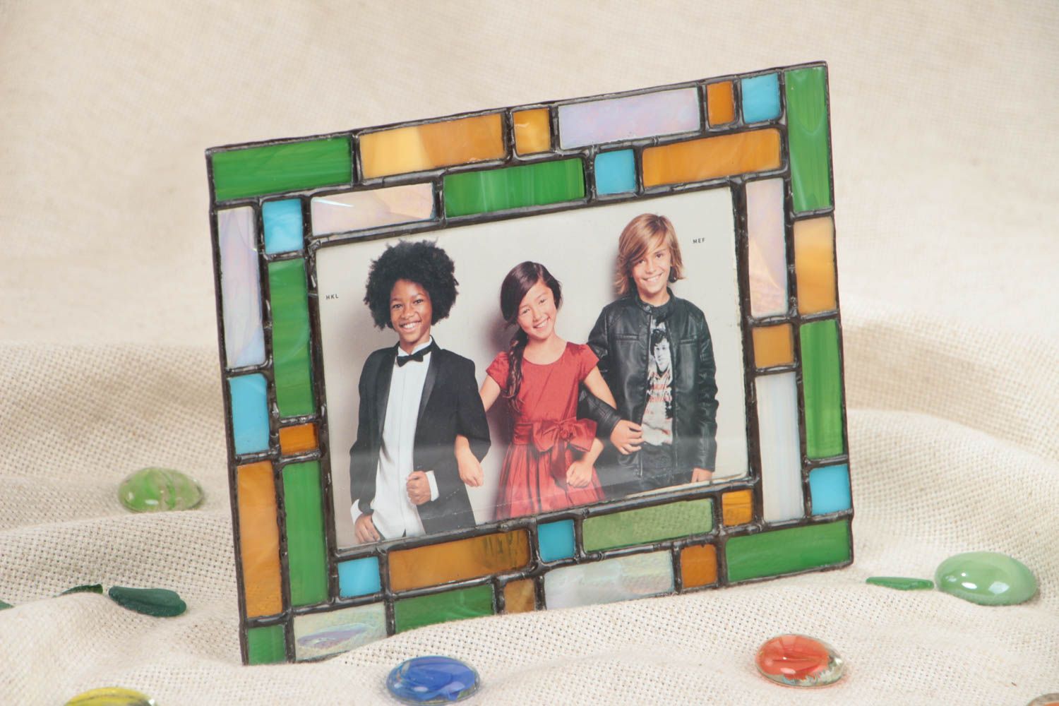 Green and yellow handmade stained glass photo frame for decor photo 1