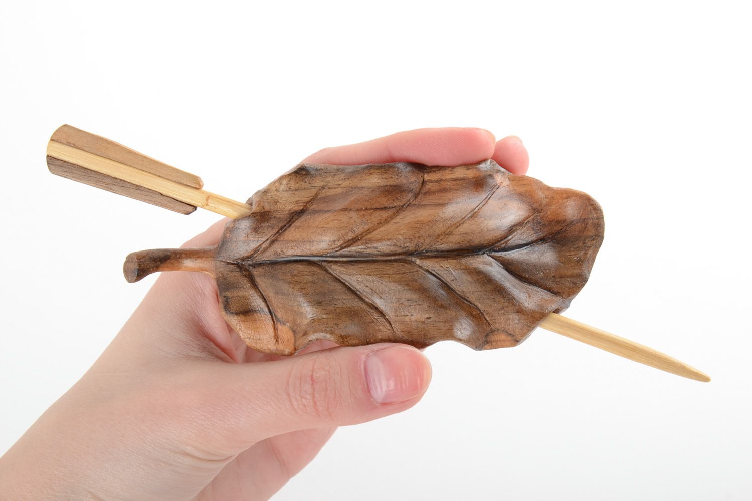 Handmade carved wooden hair clip with stick in the shape of leaf in ethnic style photo 5