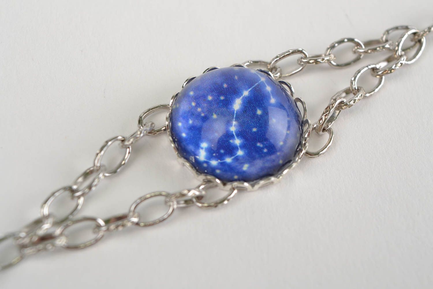 Unusual beautiful blue handmade metal bracelet with Scorpio zodiac sign photo 2