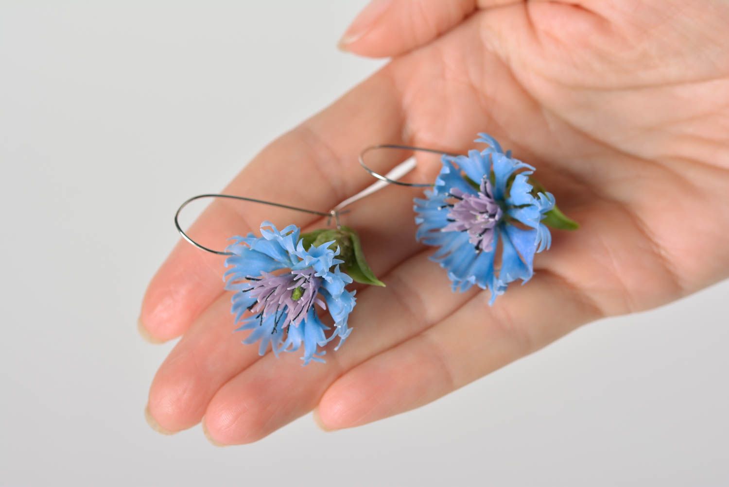 Women's beautiful handmade designer polymer clay flower earrings Cornflowers photo 1