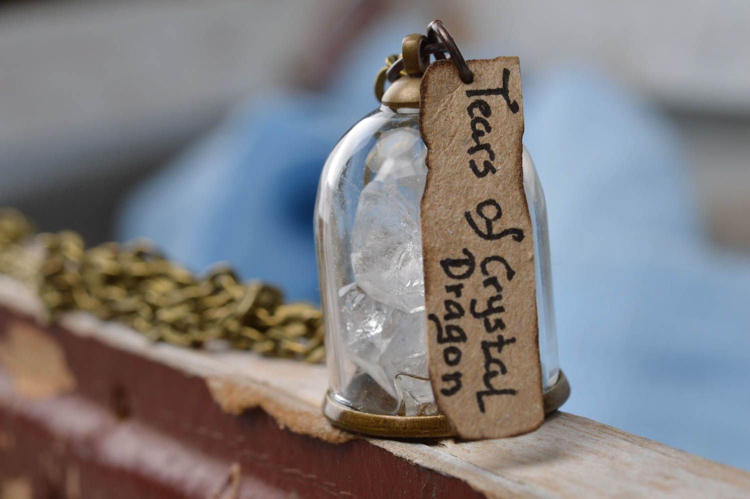 Handmade cute pendant in shape of glass jar with crystals inside on chain photo 4
