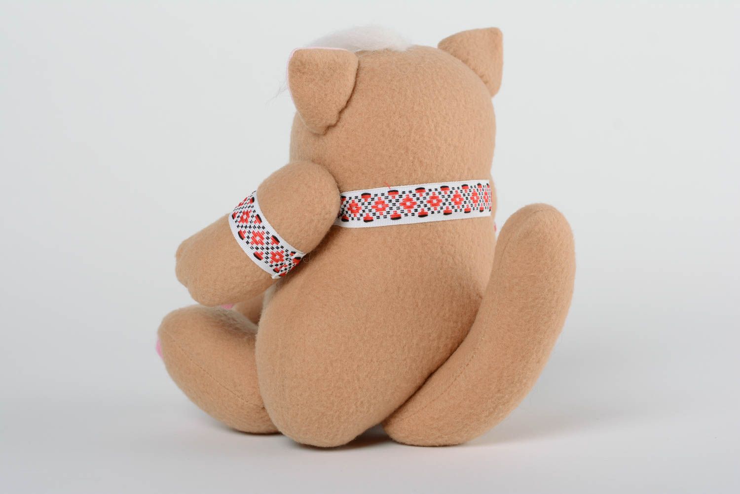 Handmade fleece fabric soft toy brown cat with ornamented braid for children photo 3