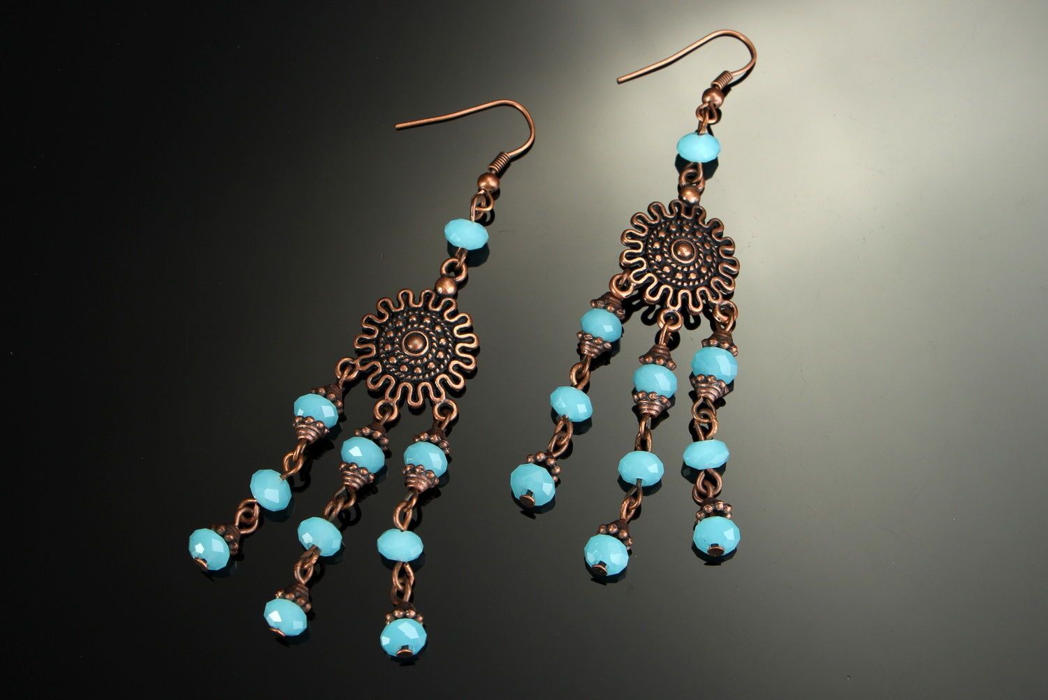 Copper long earrings with crystal photo 1