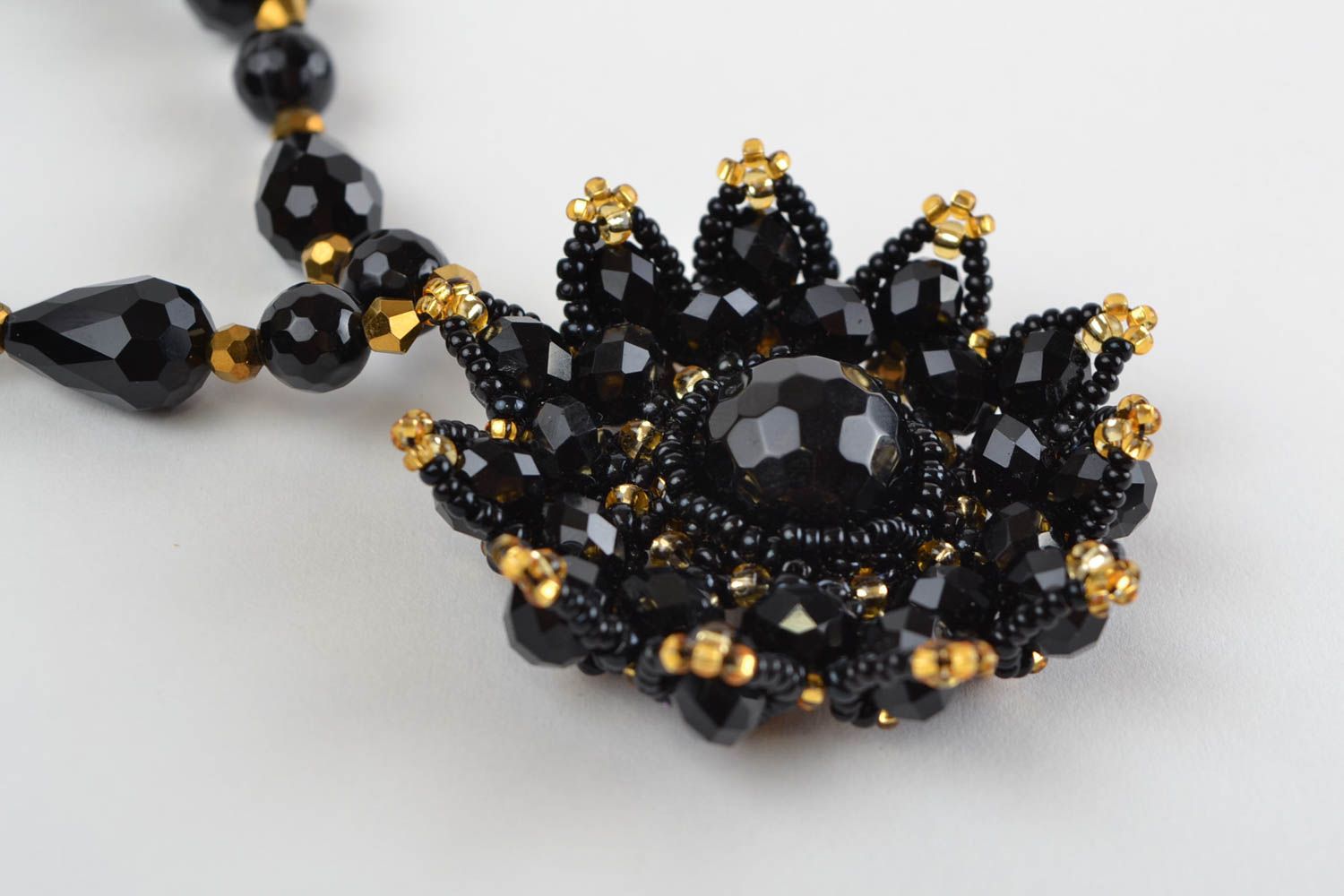 Black handmade unusual elegant necklace made of seed beads and natural stone photo 4