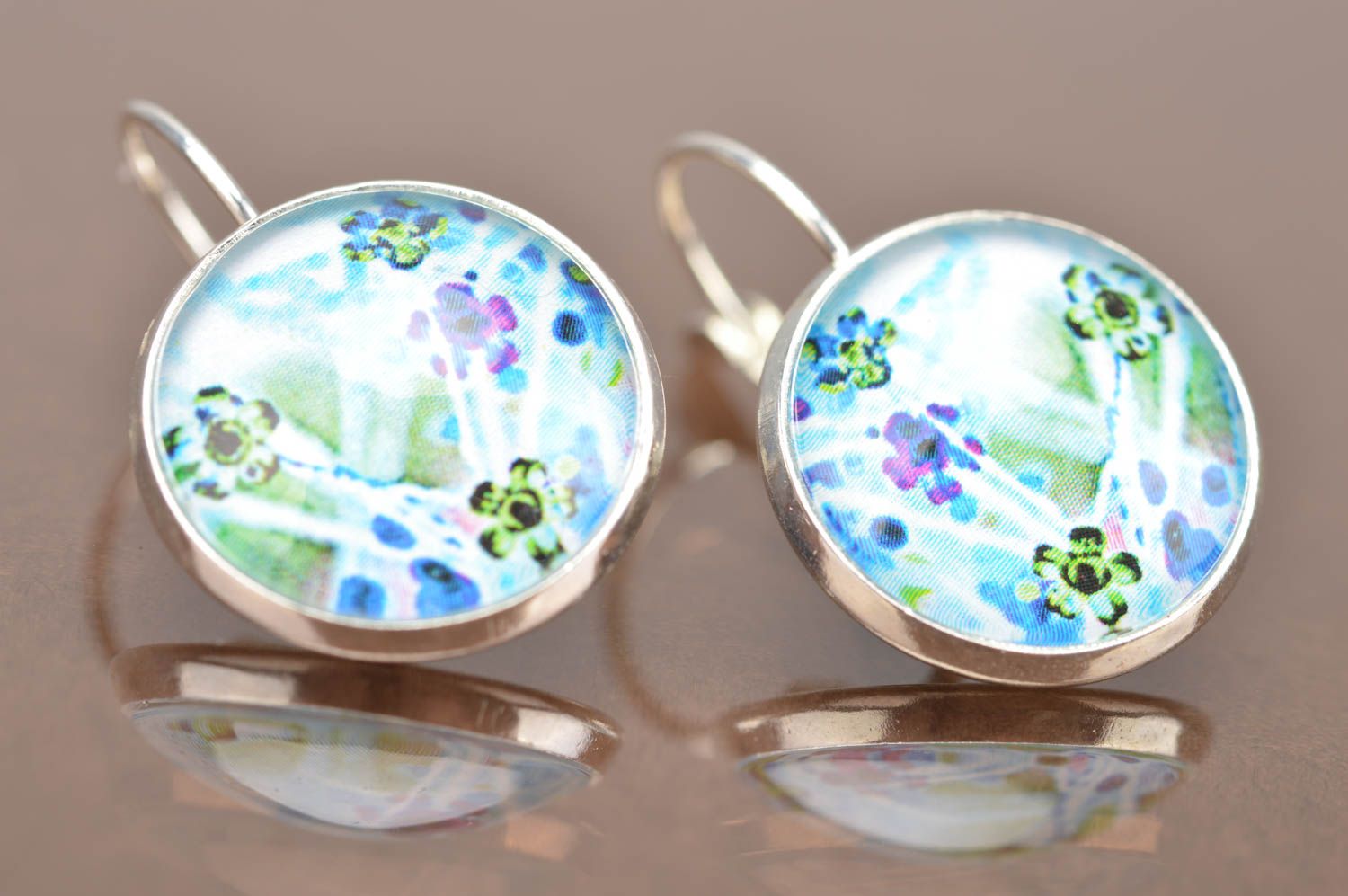 Unusual beautiful handmade designer round earrings with flower print Violets photo 2
