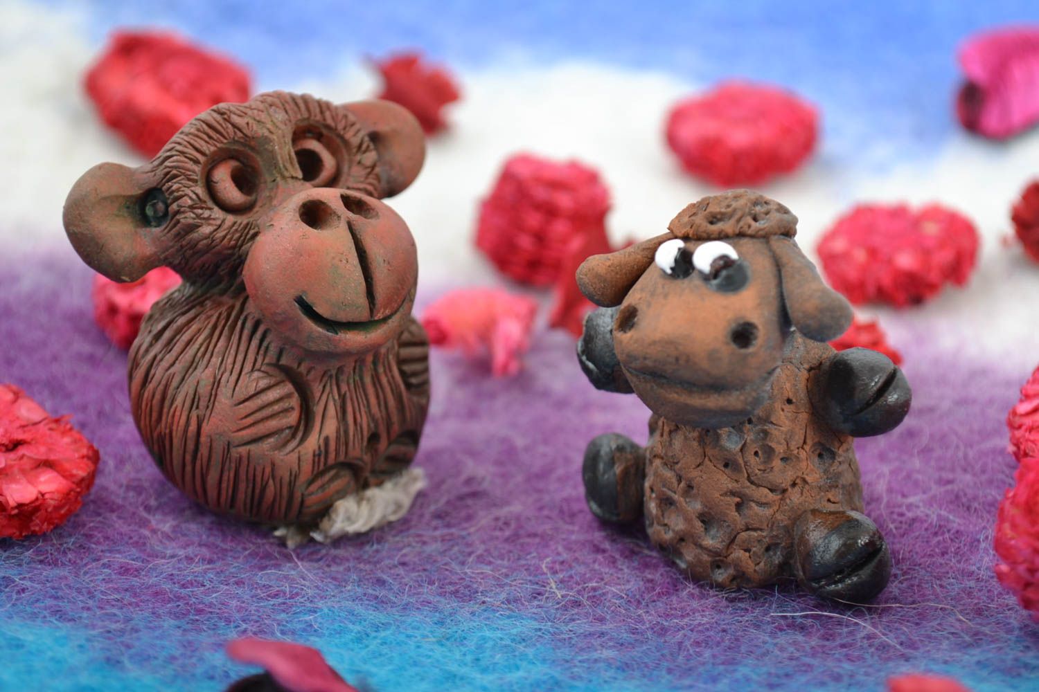 Set of 2 handmade collectible miniature ceramic figurines of lamb and monkey photo 1