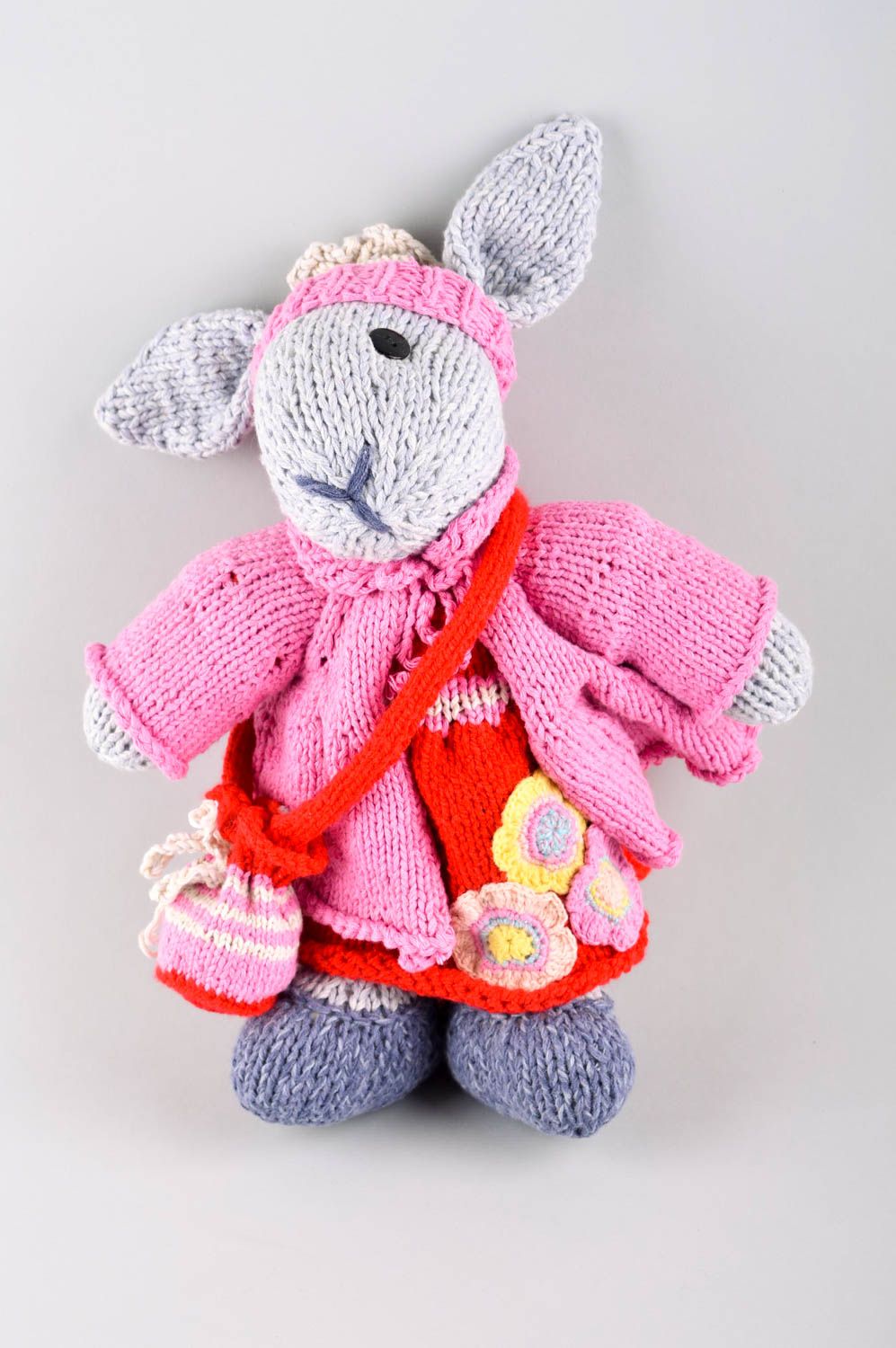 Handmade unusual soft toy textile toys for kids pink knitted rabbit toy photo 2
