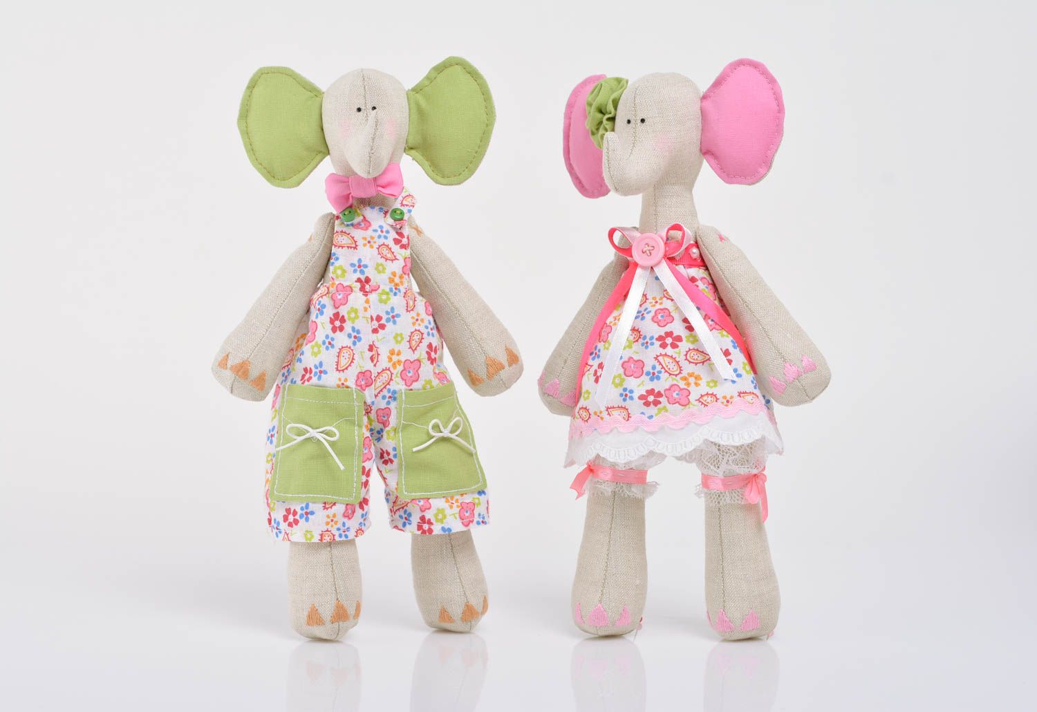 Handmade children's cotton and linen fabric soft toys set 2 pieces Elephants photo 1