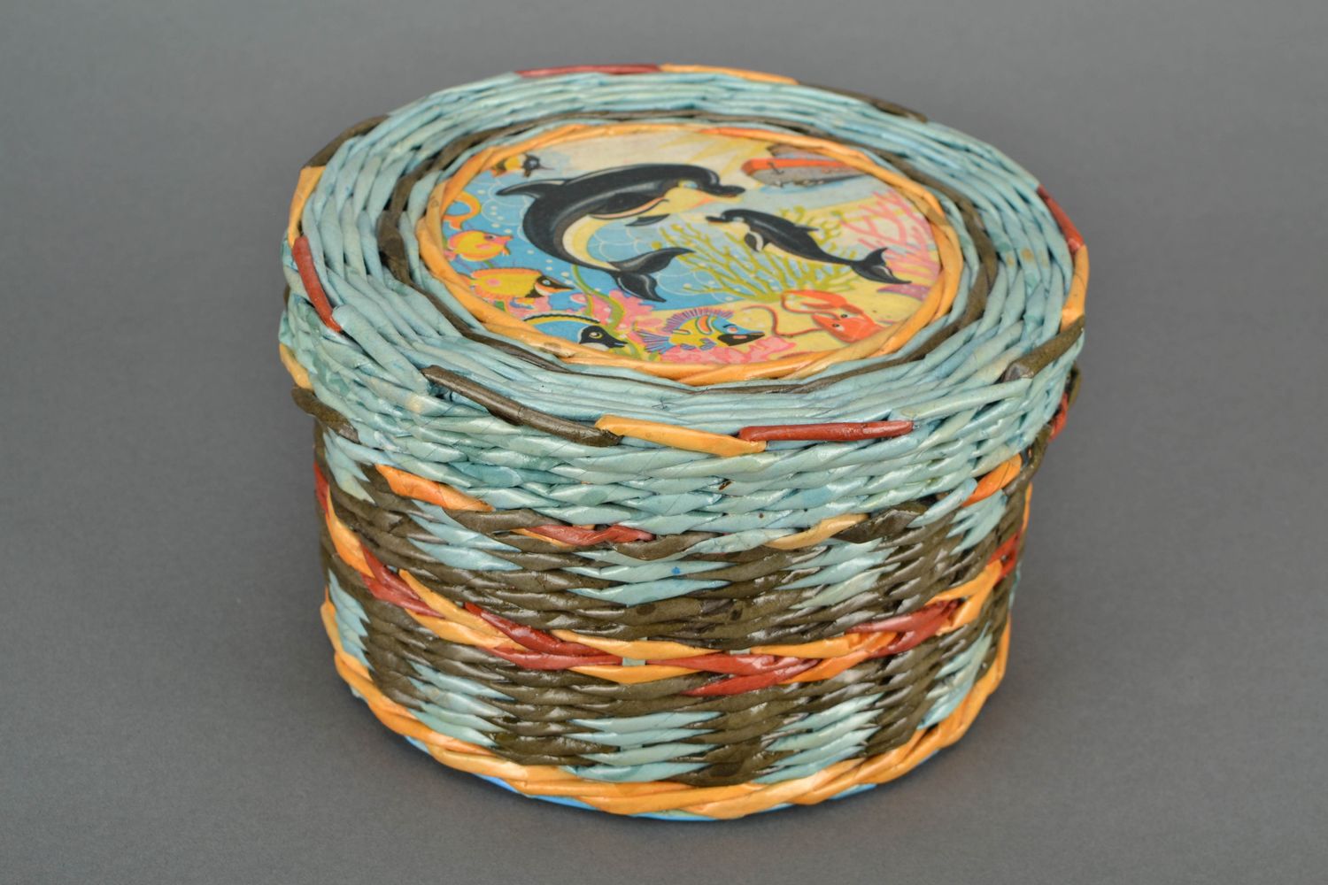 Handmade basket woven of paper rod Dolphins photo 1