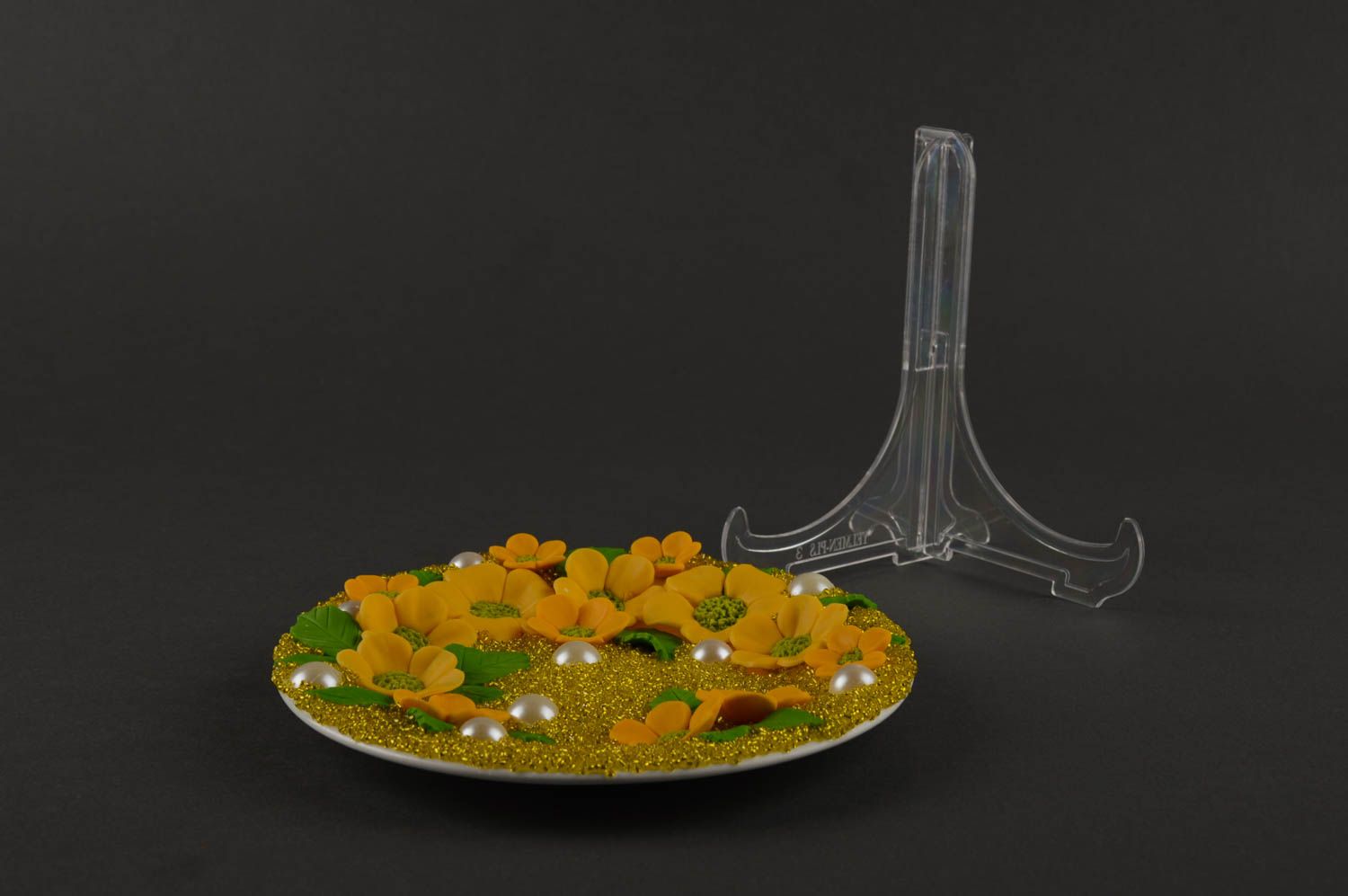 Assiette design faite main Déco maison ronde jaune avec fleurs Cadeau original photo 4