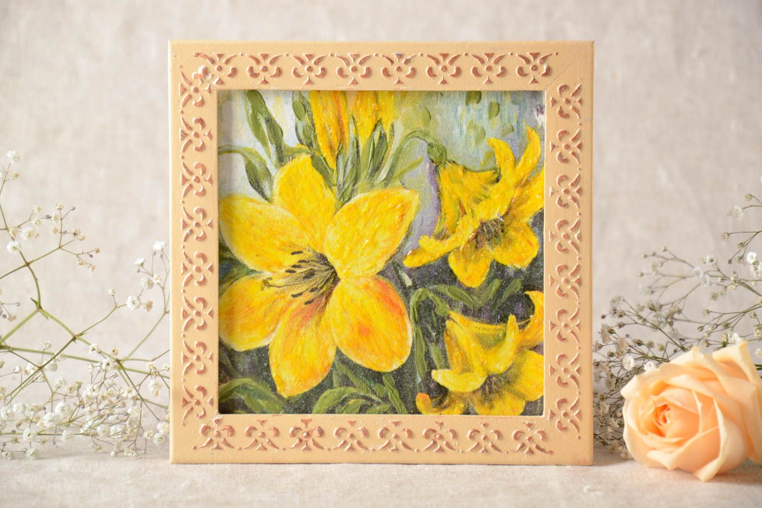 Handmade Deko Bild Wandbild Blumen Geschenkidee für Frau mit Holzrahmen Lilien  foto 1
