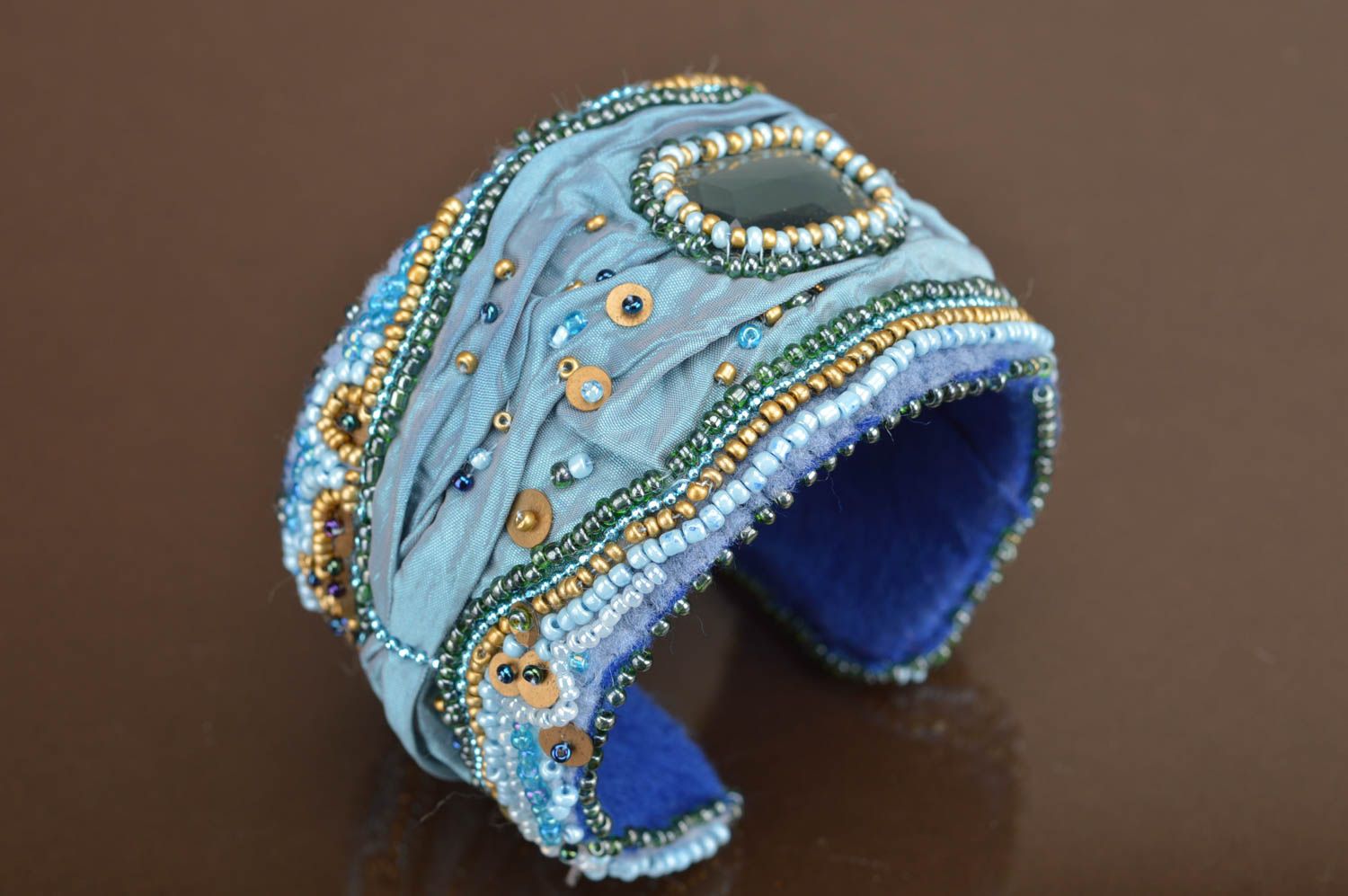 Handmade fabric massive bracelet in blue color decorated with beads photo 3