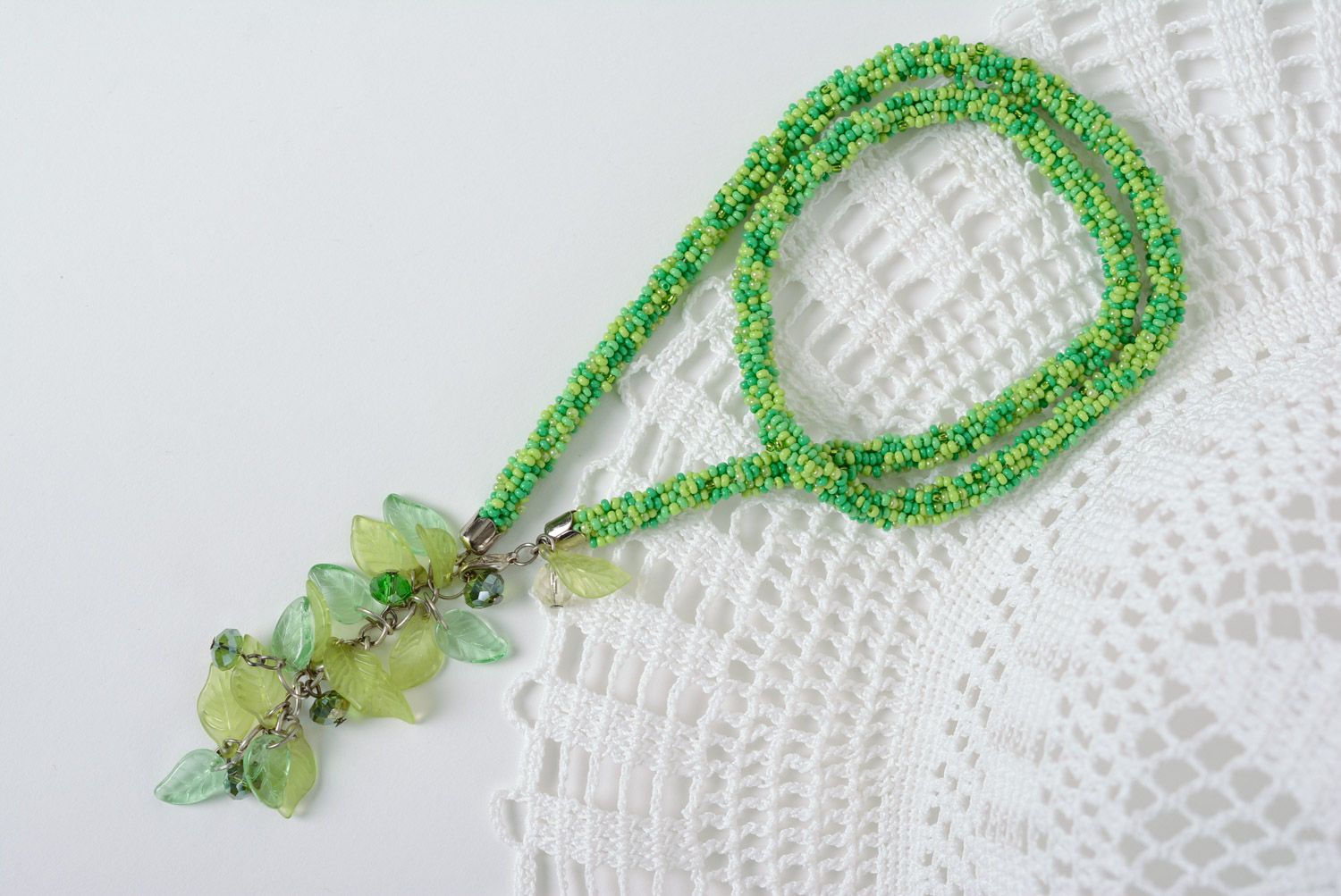 Beautiful long handmade necklace woven of beads in yellow and green colors for women photo 1