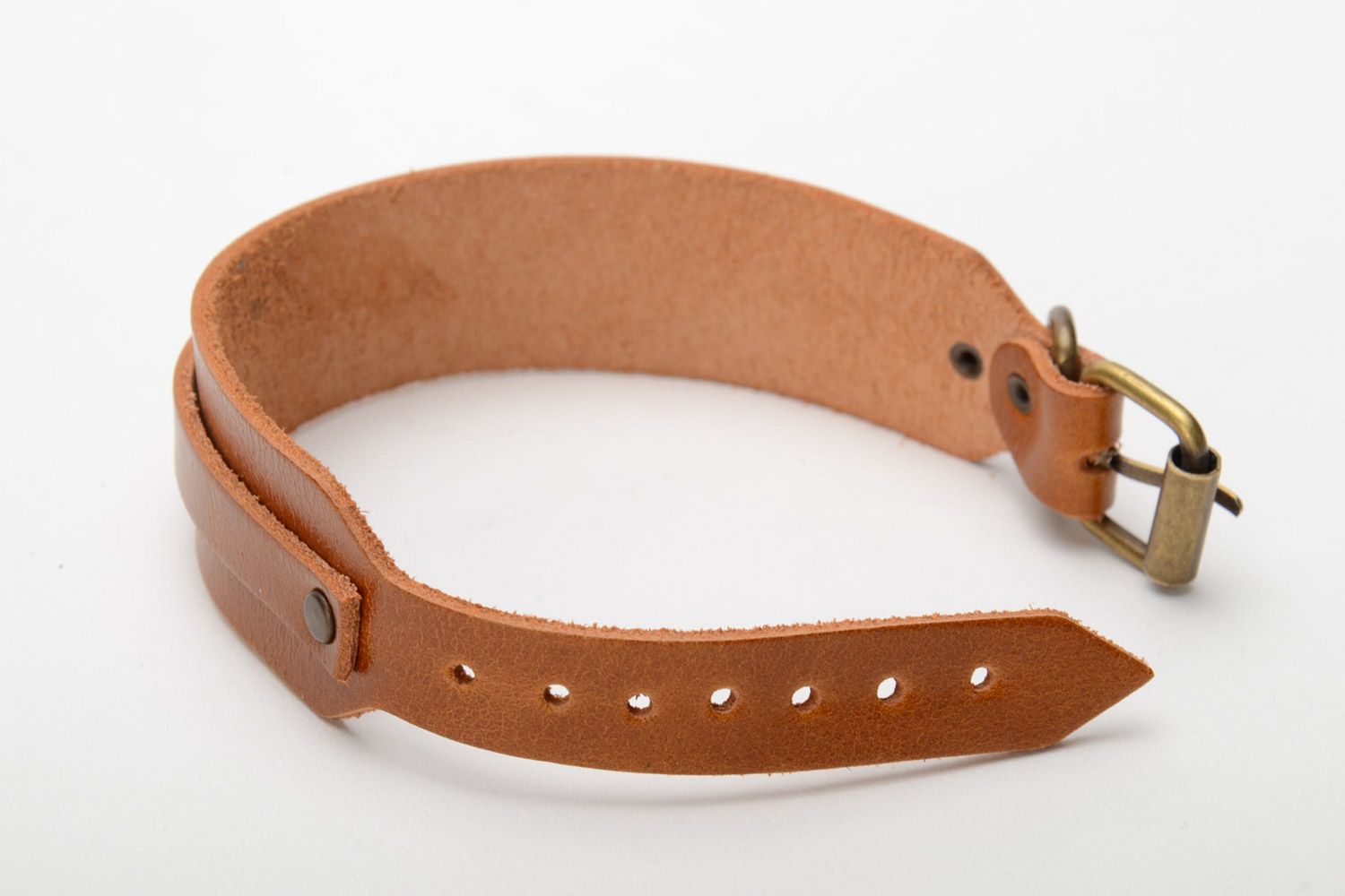 Handmade genuine leather wrist bracelet of brown color with buckle unisex photo 4