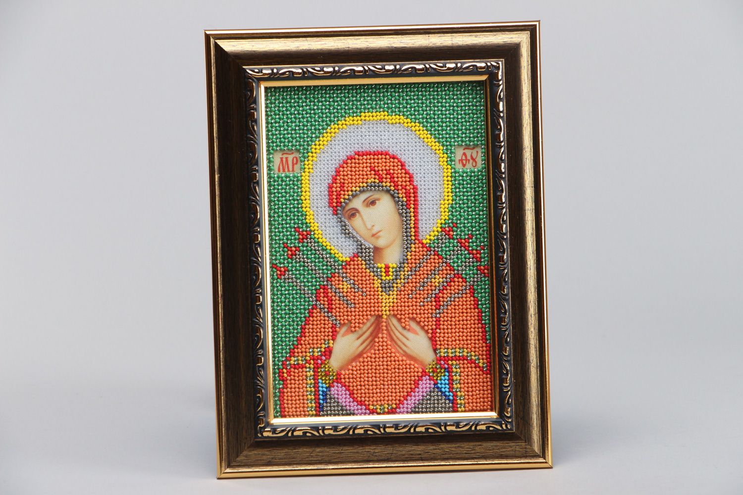 Handmade home icon of the Mother of God embroidered with Czech beads for present photo 1