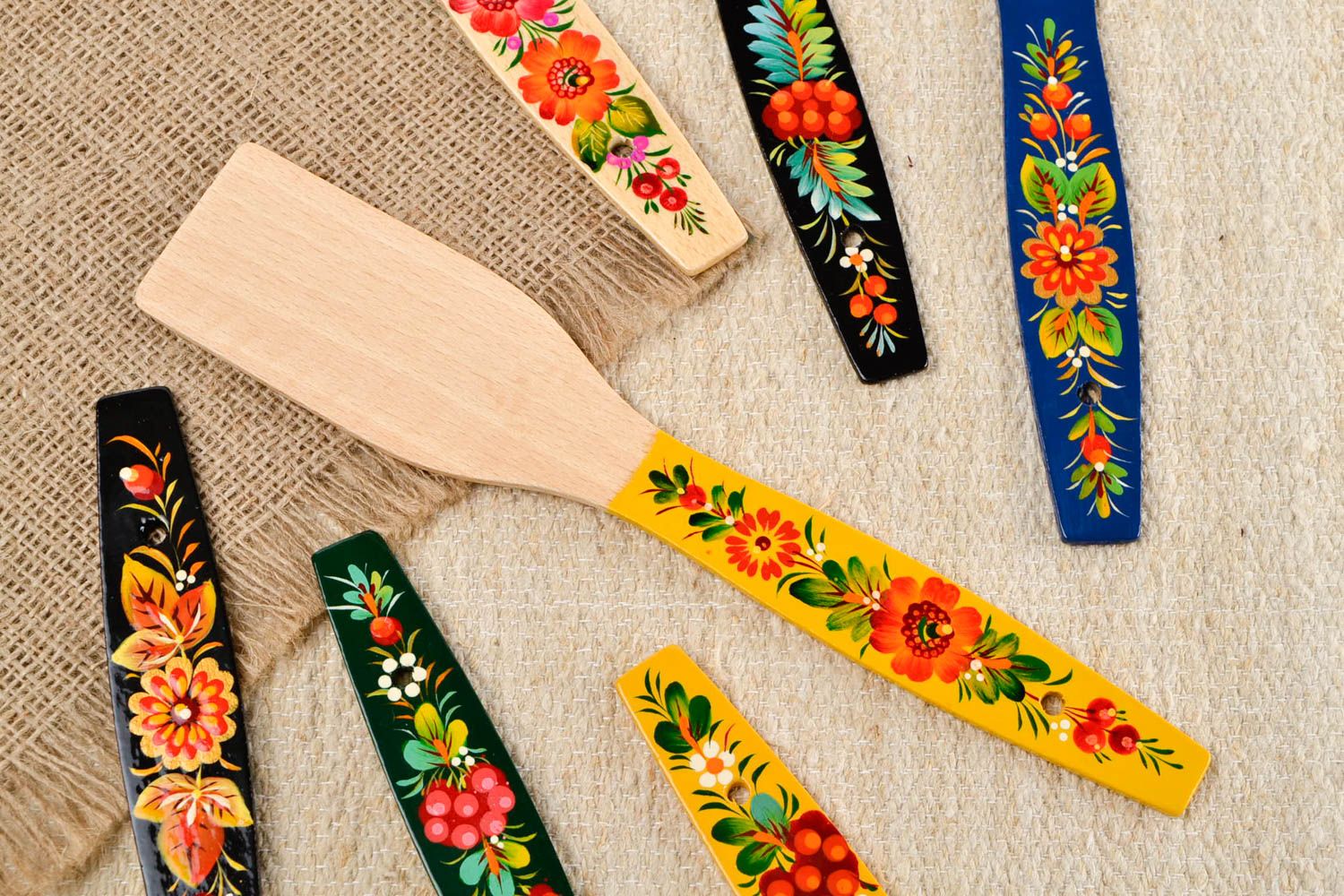Handmade beautiful spatula stylish wooden utensil painted kitchen accessory photo 1