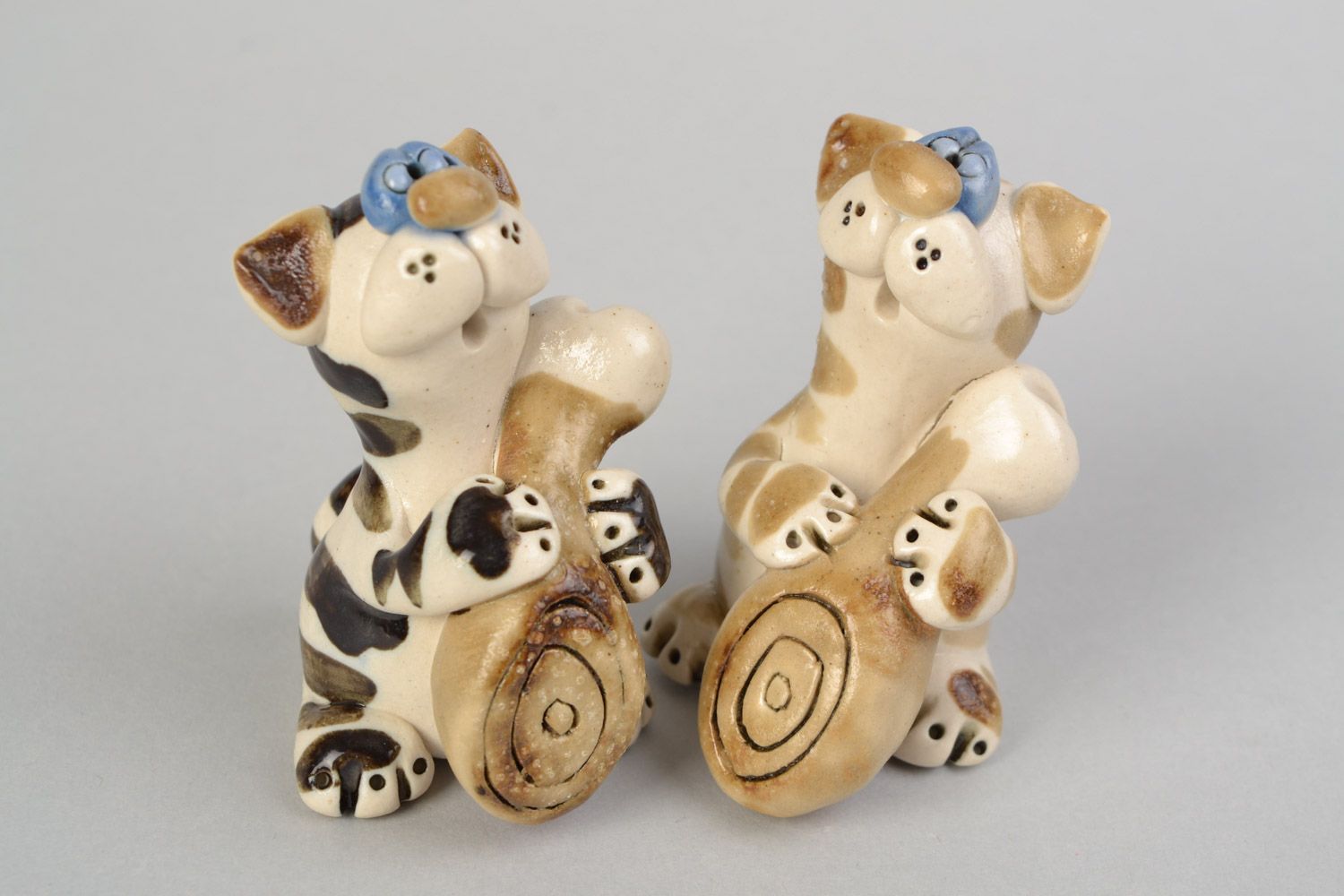 Set of handmade ceramic animal figurines cats 2 pieces of brown color cute statuettes photo 1