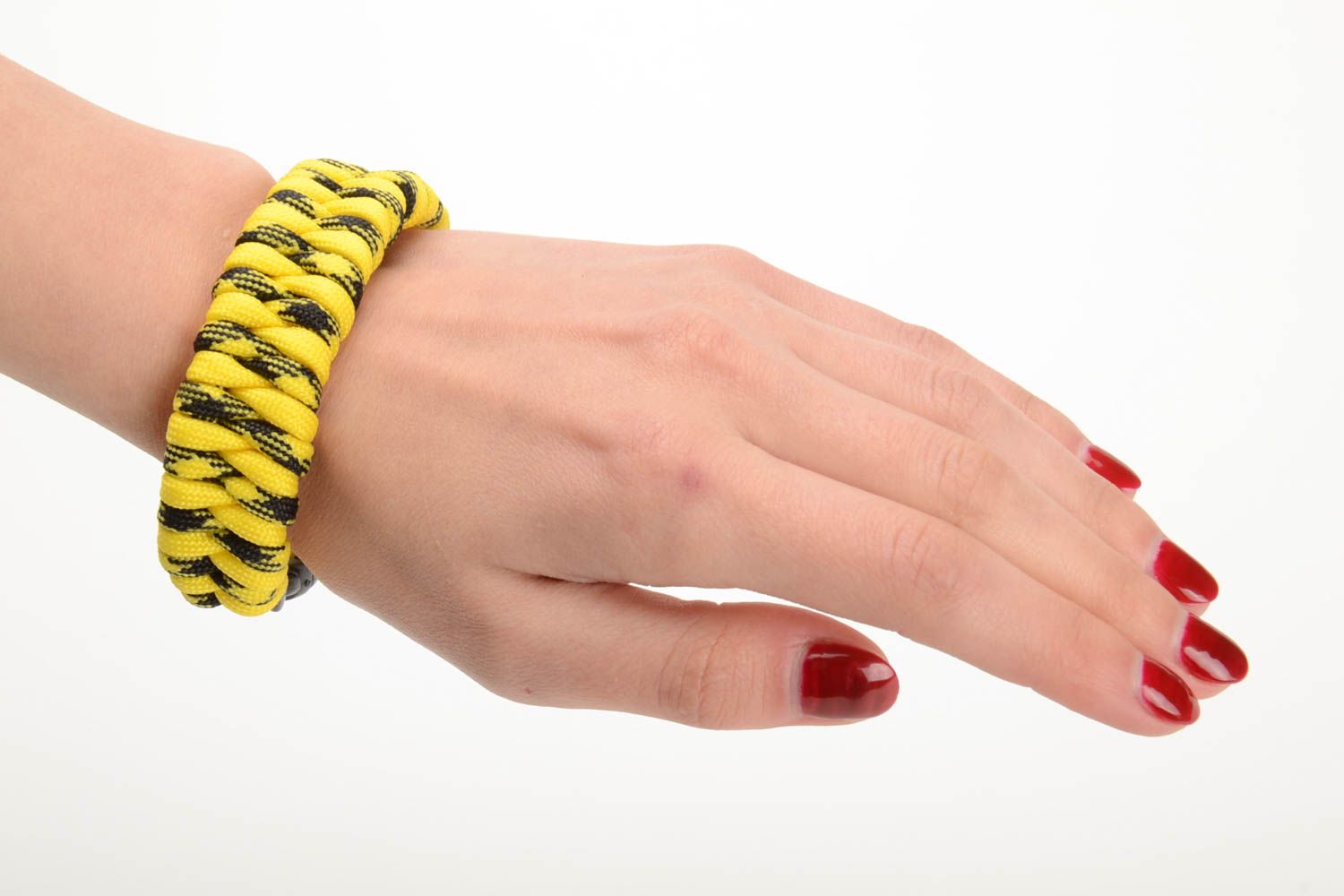 Bright yellow handmade woven paracord bracelet with plastic fastener photo 5