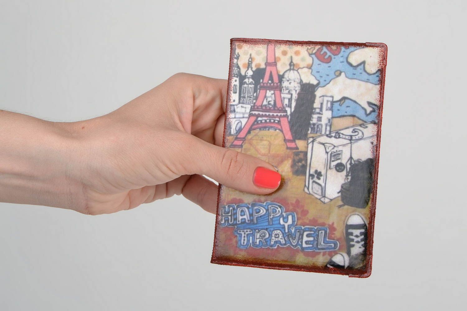 Stilvolle bunte handmade Passhülle mit Motiv Eiffelturm Künstler Handarbeit foto 2