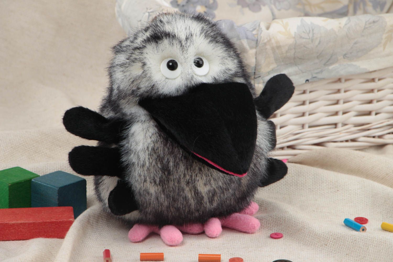 Handmade soft glove toy sewn of gray faux fur Crow for home puppet theater photo 1