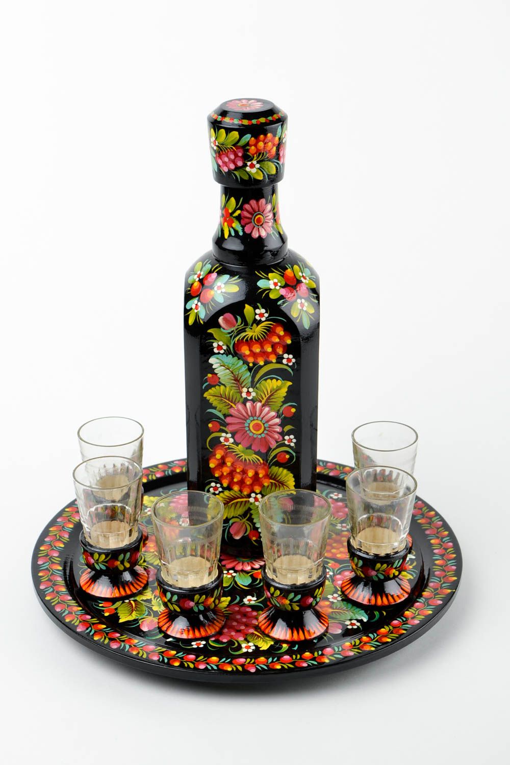 Handmade wooden bottle 6 shot glass wooden tray decorative wine set gift ideas photo 3