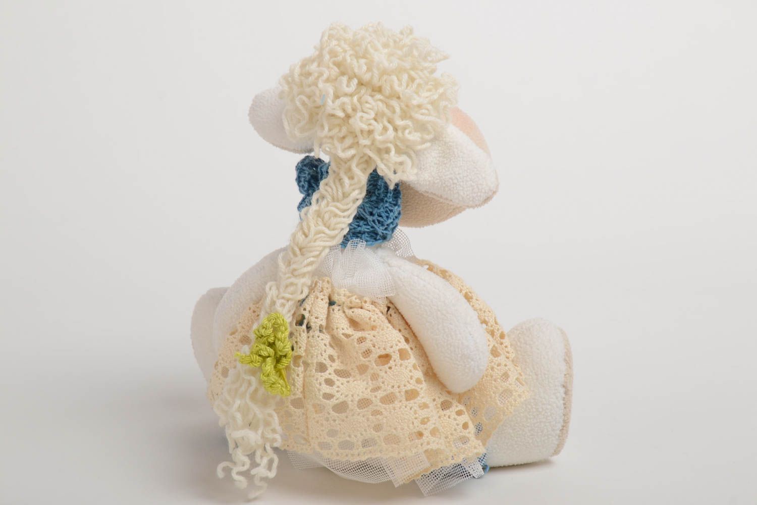 Decorative handmade soft toy sheep in dress made of natural fabrics for home photo 4